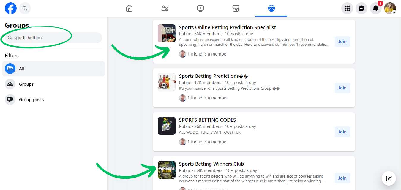 Facebook search page looking for sports betting facebook groups, one of the ways for optimizing content for affiliate marketing on facebook
